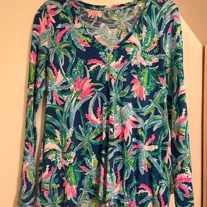 Lilly Pulitzer Tropical Floral V-Neck Blouse - Blue and Pink